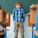 Rear view shot of an elementary school boy leaning with his head on the chalkboard in class